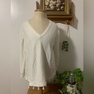 J. Crew Cream 3/4 Sleeve V-Neck Top with Tasseled Hem M Preppy Cotton Blend
